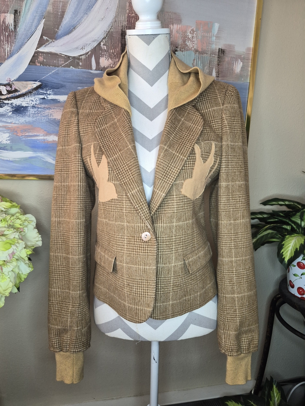 Plaid Camel Fitted Blazer Jacket with Knit Hood and Cuffs